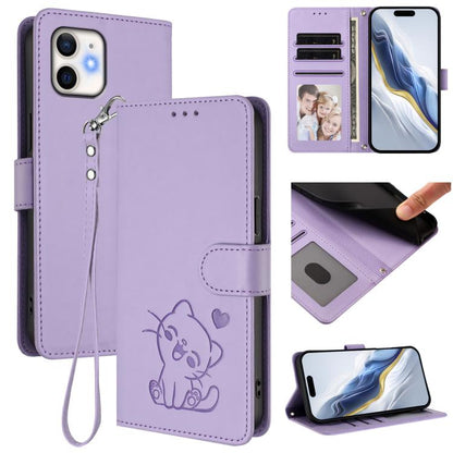 Embossed Heart Cat Leather Phone Case with Hand Strap, For iPhone 11 Pro Max, For iPhone 11