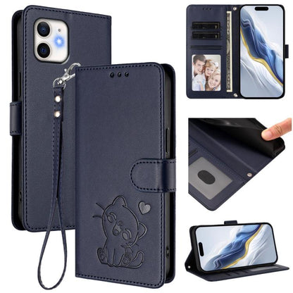 Embossed Heart Cat Leather Phone Case with Hand Strap, For iPhone 11 Pro Max, For iPhone 11