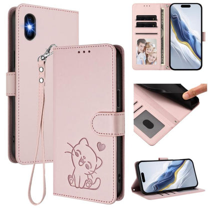 Embossed Heart Cat Leather Phone Case with Hand Strap, For iPhone XR, For iPhone XS Max