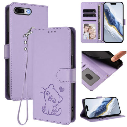 Embossed Heart Cat Leather Phone Case with Hand Strap, For iPhone 7 Plus / 8 Plus