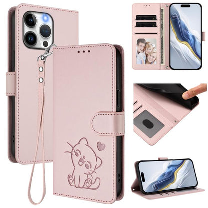 Embossed Heart Cat Leather Phone Case with Hand Strap, For iPhone 13 Pro Max, For iPhone 13 Pro