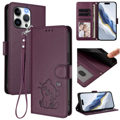 Embossed Heart Cat Leather Phone Case with Hand Strap, For iPhone 13 Pro Max, For iPhone 13 Pro