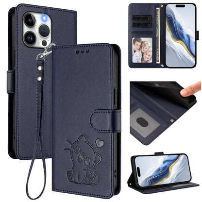 Embossed Heart Cat Leather Phone Case with Hand Strap, For iPhone 13 Pro Max, For iPhone 13 Pro