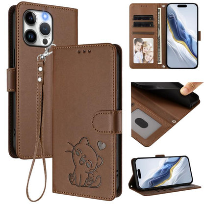 Embossed Heart Cat Leather Phone Case with Hand Strap, For iPhone 13 Pro Max, For iPhone 13 Pro
