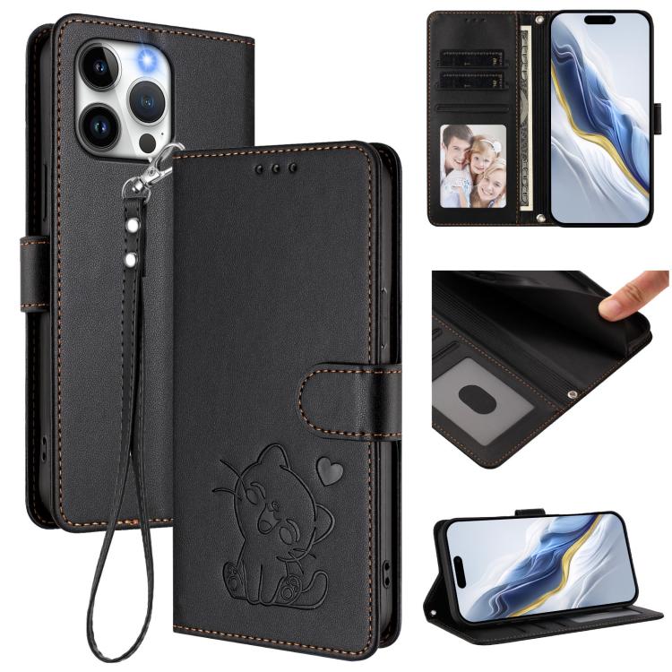 Embossed Heart Cat Leather Phone Case with Hand Strap, For iPhone 13 Pro Max, For iPhone 13 Pro