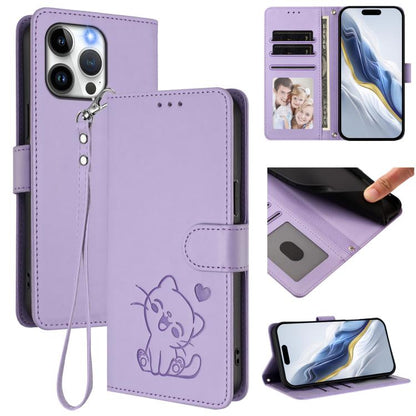 Embossed Heart Cat Leather Phone Case with Hand Strap, For iPhone 13 Pro Max, For iPhone 13 Pro