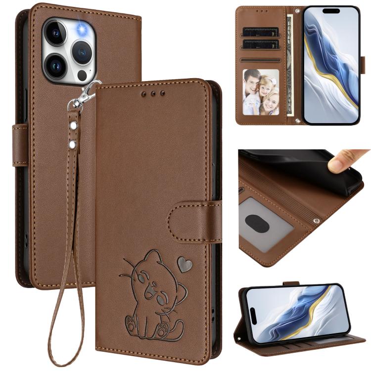 Embossed Heart Cat Leather Phone Case with Hand Strap, For iPhone 13 Pro Max, For iPhone 13 Pro