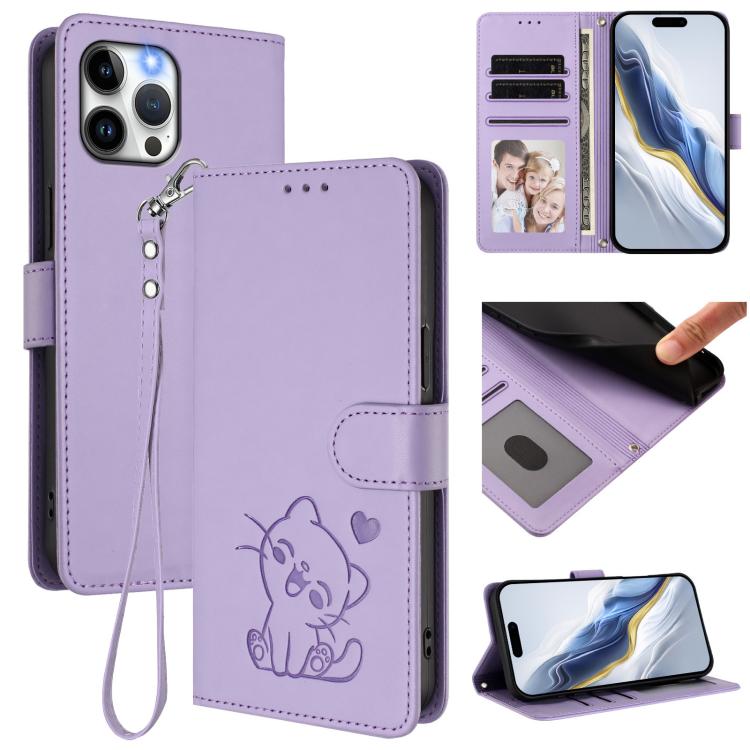 Embossed Heart Cat Leather Phone Case with Hand Strap, For iPhone 12 Pro Max, For iPhone 12 mini