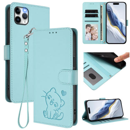 Embossed Heart Cat Leather Phone Case with Hand Strap, For iPhone 11 Pro Max, For iPhone 11