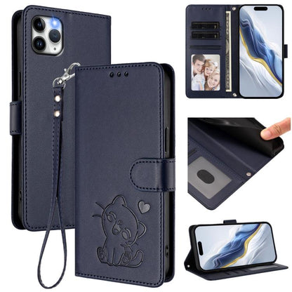 Embossed Heart Cat Leather Phone Case with Hand Strap, For iPhone 11 Pro Max, For iPhone 11