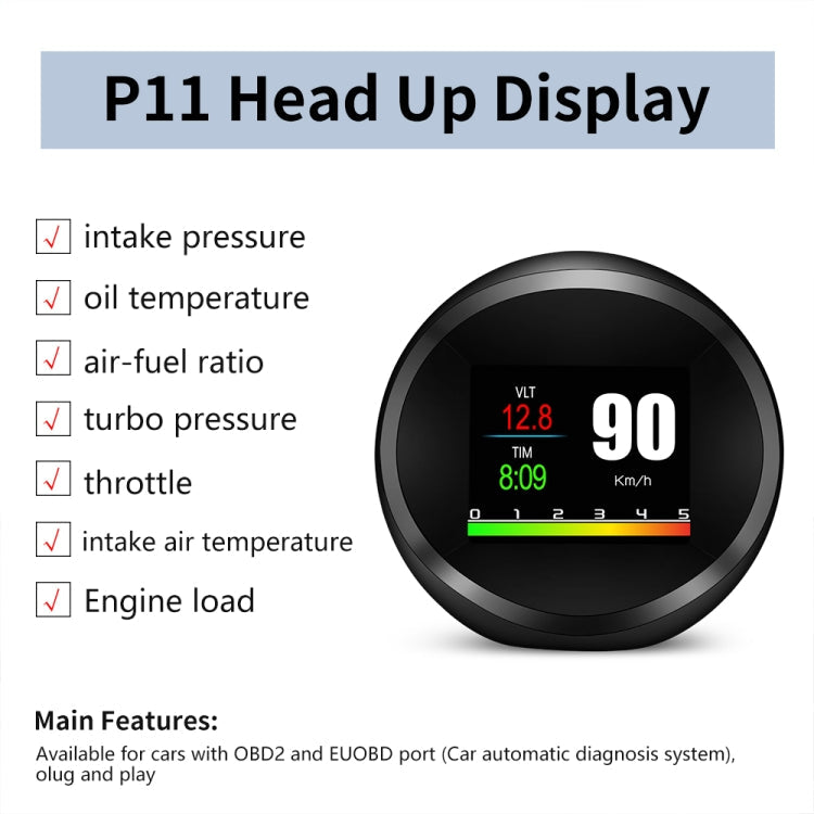 P11 OBD2 + GPS Mode Car HUD Head-up Display Water Temperature / Vehicle Speed / Voltage / Fuel Consumption Display, Speed Alarm, P11