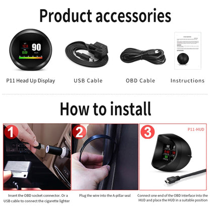 P11 OBD2 + GPS Mode Car HUD Head-up Display Water Temperature / Vehicle Speed / Voltage / Fuel Consumption Display, Speed Alarm, P11