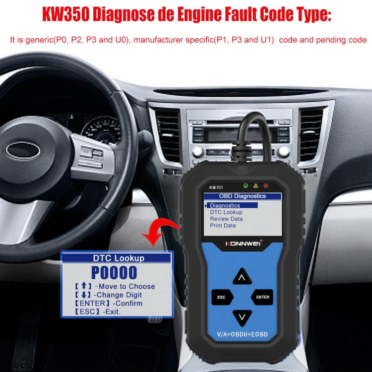 KONNWEI KW350 OBDII 12V Car Diagnostics Detector Scanner with 2 inch Black And White Display Screen V007 for Audi / Volkswagen, KW350