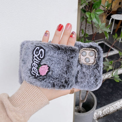 Rose Flower Hand Warmer Plush Shockproof TPU Case, For iPhone 12 / 12 Pro