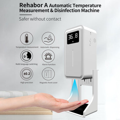 Rehabor A Handsfree Non-contact Body Light-sensitive Distance Sensor Thermometer + 450ml Automatic Non-contact Liquid Soap Spraying Dispenser with Base Mount, Rehabor A