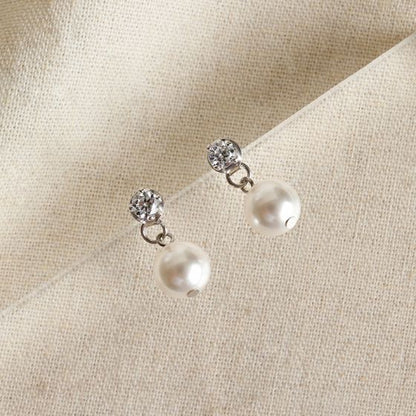 Simple Round Shell Pearls CZ Stud Earrings - Palladium-Plated Silver Pearl Earrings for women - Perfect Pearl Earrings with Gift Wrapping Included