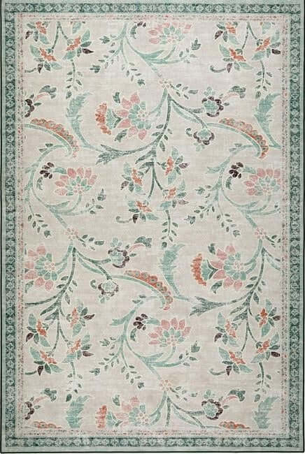 Eco-Washable Green Rug Floral Design