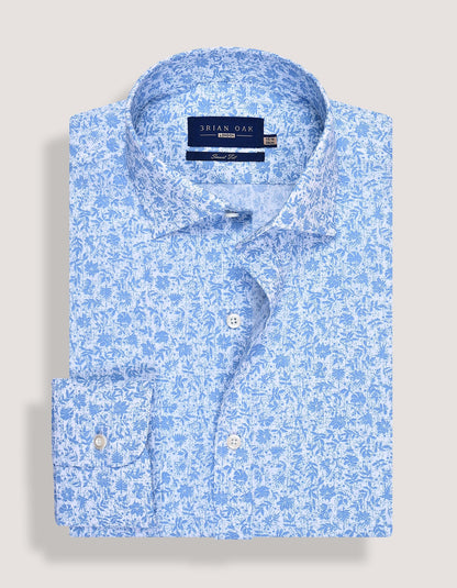 White and Sky Blue Botanical Print Formal Shirt
