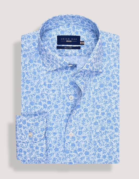 White and Sky Blue Botanical Print Formal Shirt