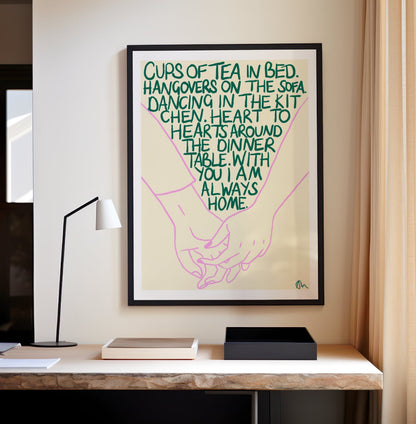 Cups of Tea in Bed | Green and Lilac Hand Drawn Living Room Bedroom Bold Food and Drink Print