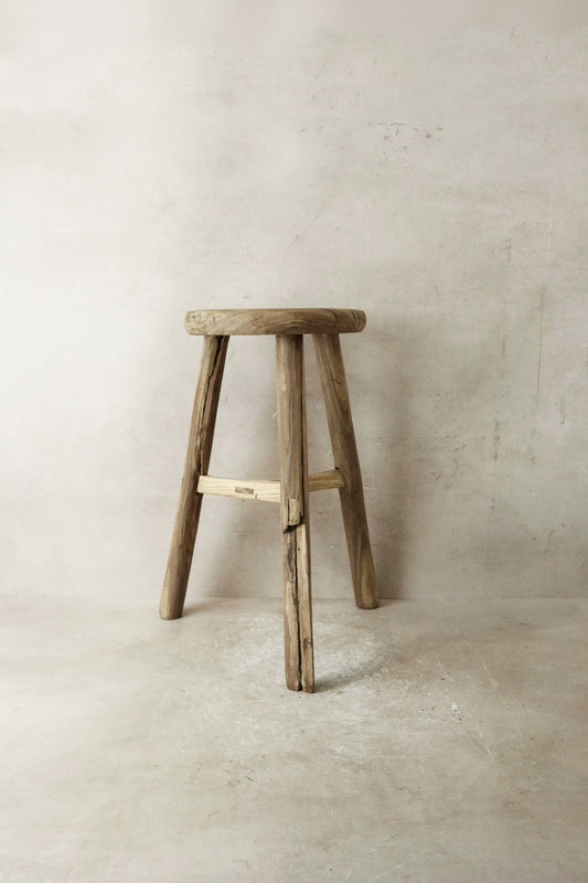 Vintage Rustic Elm Wood Stool - Round - No 27