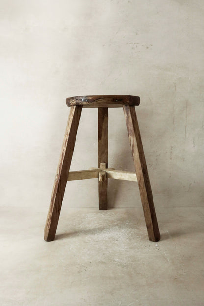 Vintage Rustic Elm Wood Stool - Round - No 28