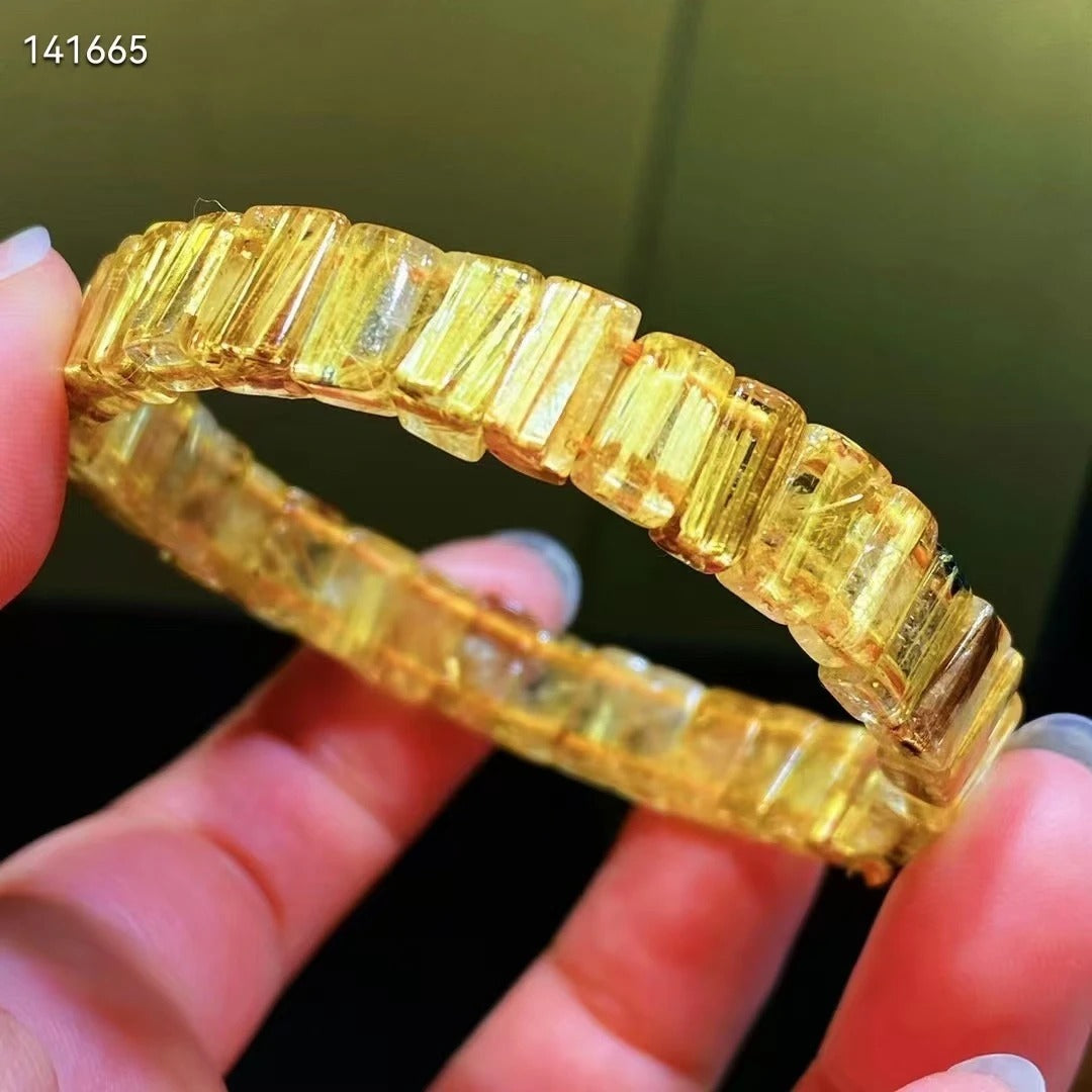 Genuine Natural Gold Rutilated Quartz Flower Gemstone Bracelet Bangle 8.5x6mm