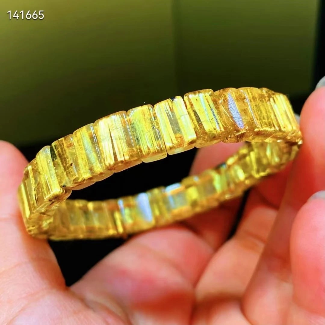 Genuine Natural Gold Rutilated Quartz Flower Gemstone Bracelet Bangle 8.5x6mm