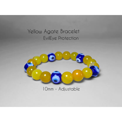 Confidence and Protection Bracelet - Natural 10mm Yellow Agate with Evil Eye Protection Bead