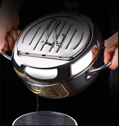 LMETJMA Japanese Deep Frying Pot with a Thermometer and a Lid 304 Stainless Steel Kitchen Tempura Fryer Pan 20 24 cm KC0405