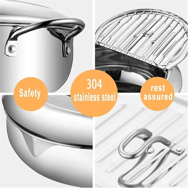 LMETJMA Japanese Deep Frying Pot with a Thermometer and a Lid 304 Stainless Steel Kitchen Tempura Fryer Pan 20 24 cm KC0405