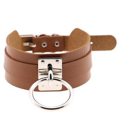 European and American Harajuku PU Leather Silver Single Ring Collar Wide Street-Snap Nightclub O-shaped Choker Necklace, Silver Ring