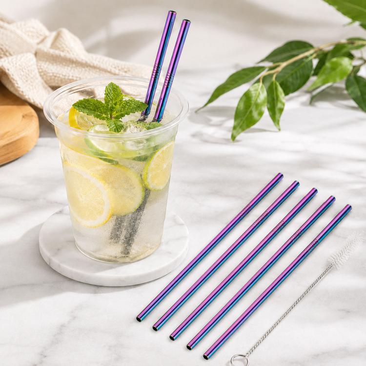 5pcs Reusable Stainless Steel Straight Drinking Straw + Cleaner Brush Set Kit,  215*8mm, 215*8mm (Straight)