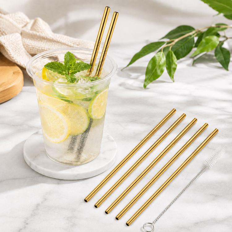 5pcs Reusable Stainless Steel Straight Drinking Straw + Cleaner Brush Set Kit,  215*8mm, 215*8mm (Straight)