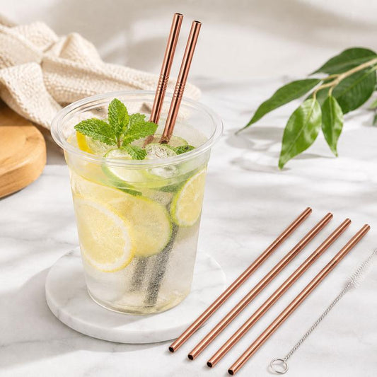 5pcs Reusable Stainless Steel Straight Drinking Straw + Cleaner Brush Set Kit,  215*8mm, 215*8mm (Straight)