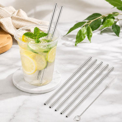 5pcs Reusable Stainless Steel Straight Drinking Straw + Cleaner Brush Set Kit,  215*8mm, 215*8mm (Straight)