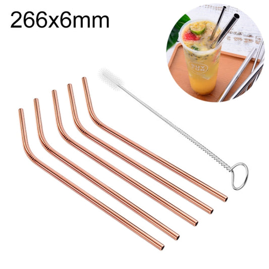 5pcs Reusable Stainless Steel Bent Drinking Straw + Cleaner Brush Set Kit,  266*6mm, 266*6mm (Bent)