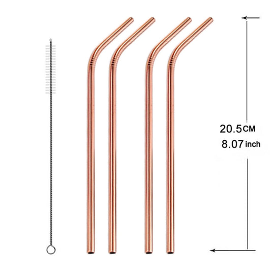 5pcs Reusable Stainless Steel Bent Drinking Straw + Cleaner Brush Set Kit,  266*6mm, 266*6mm (Bent)