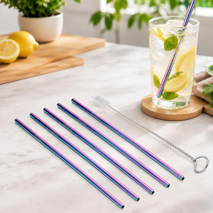 5pcs Reusable Stainless Steel Straight Drinking Straw + Cleaner Brush Set Kit,  266*6mm, 266*6mm (Straight)