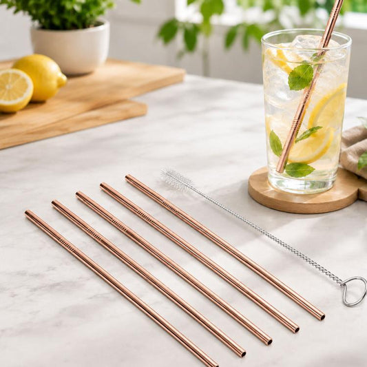 5pcs Reusable Stainless Steel Straight Drinking Straw + Cleaner Brush Set Kit,  266*6mm, 266*6mm (Straight)