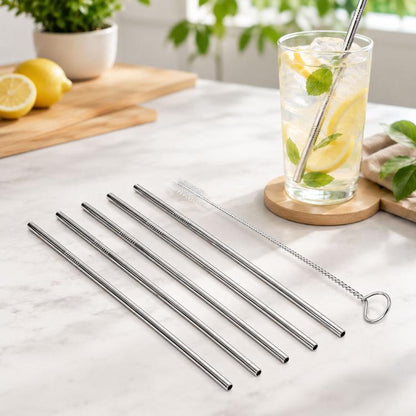5pcs Reusable Stainless Steel Straight Drinking Straw + Cleaner Brush Set Kit,  266*6mm, 266*6mm (Straight)
