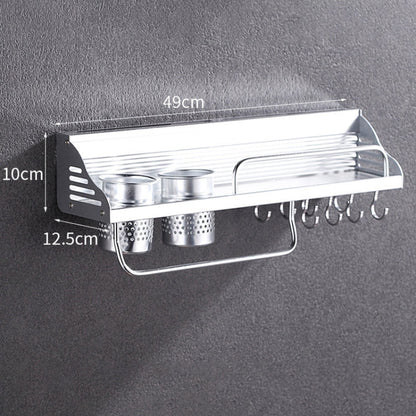 50cm 2 Cups 8 Hooks Multi-function Kitchen Punching-free Wall-mounted Plastic Edge Condiment Holder Storage Rack, 50cm Punching-free Plastic Edge