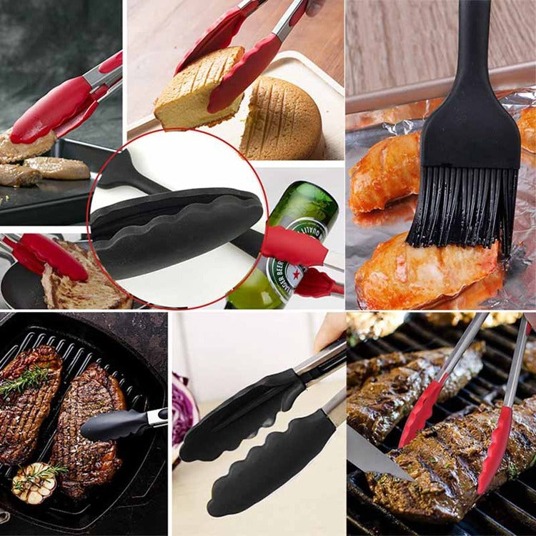 12 inch Silicone Non-slip Food Bread Barbecue BBQ Clip Tongs Kitchen Tools, 12 inch Black, 12 inch Red