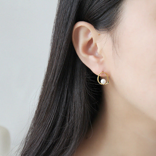 Geometric Round Shell Pearl Studs Earrings - Gold-Plated Silver Pearl Earrings for women - Perfect Pearl Earrings with Gift Wrapping Included