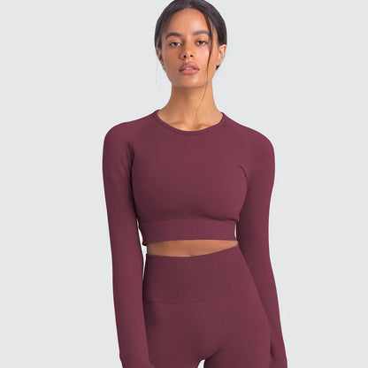 Seamless Pure Color Fitness Slim Breathable Tops Yoga Sports Gym Tight Long Sleeve Shirt For Women