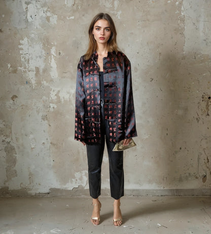 Vintage Black Satin Oriental Print Jacket UK 10 - 14