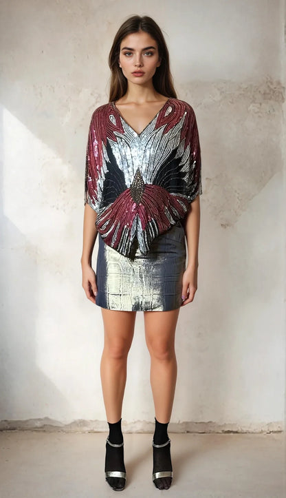 Original Vintage Late 1970's Red / Silver / Black Sequinned Butterfly Top UK 8 - 14