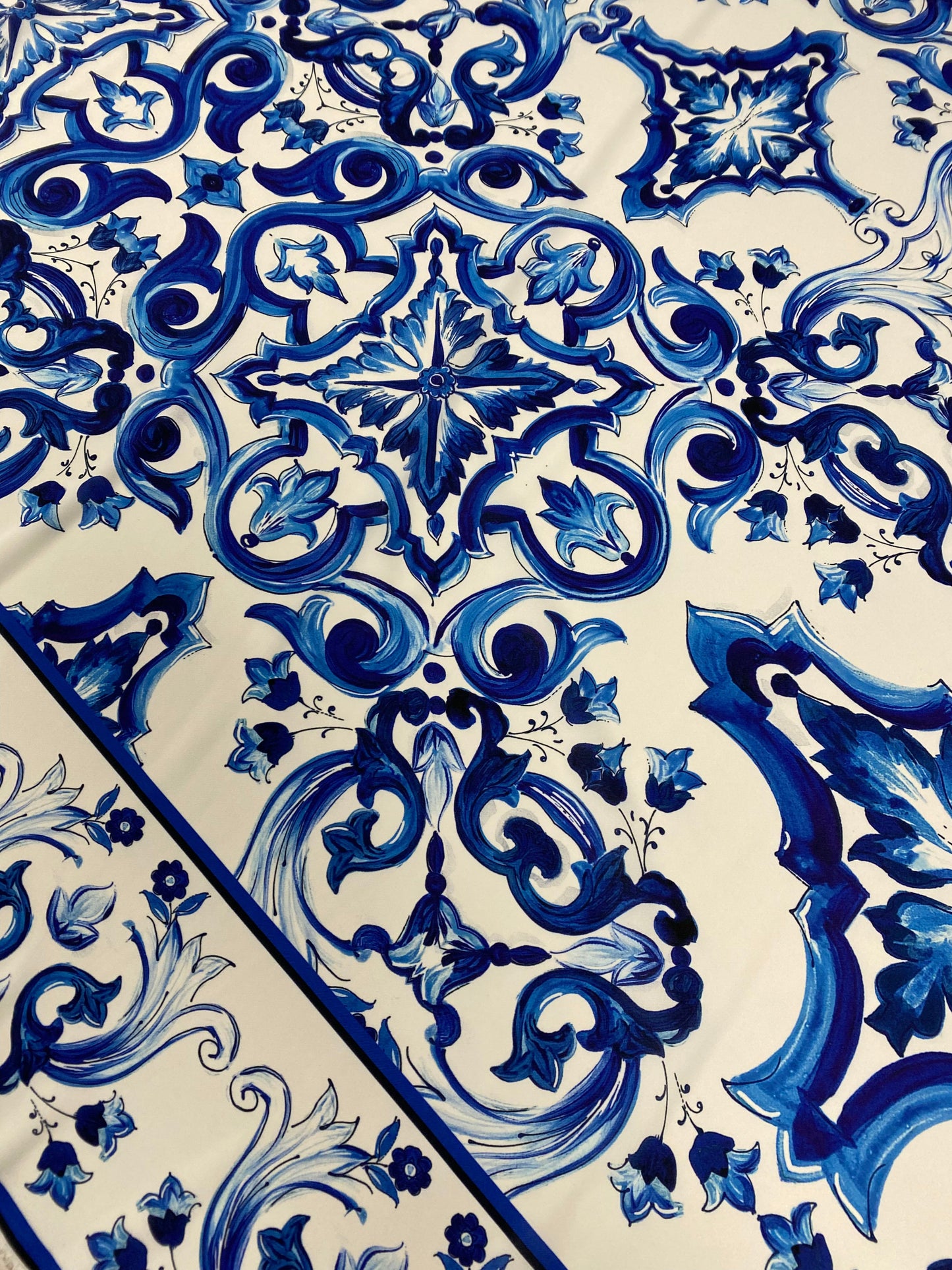 Majolica Floral Scroll Blue White Fabric by the Metre