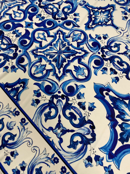 Majolica Floral Scroll Blue White Fabric by the Metre