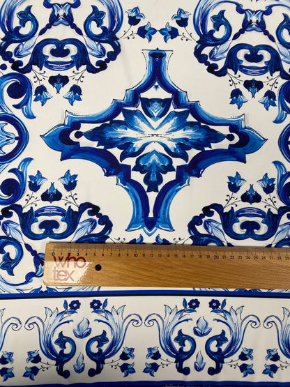 Majolica Floral Scroll Blue White Fabric by the Metre